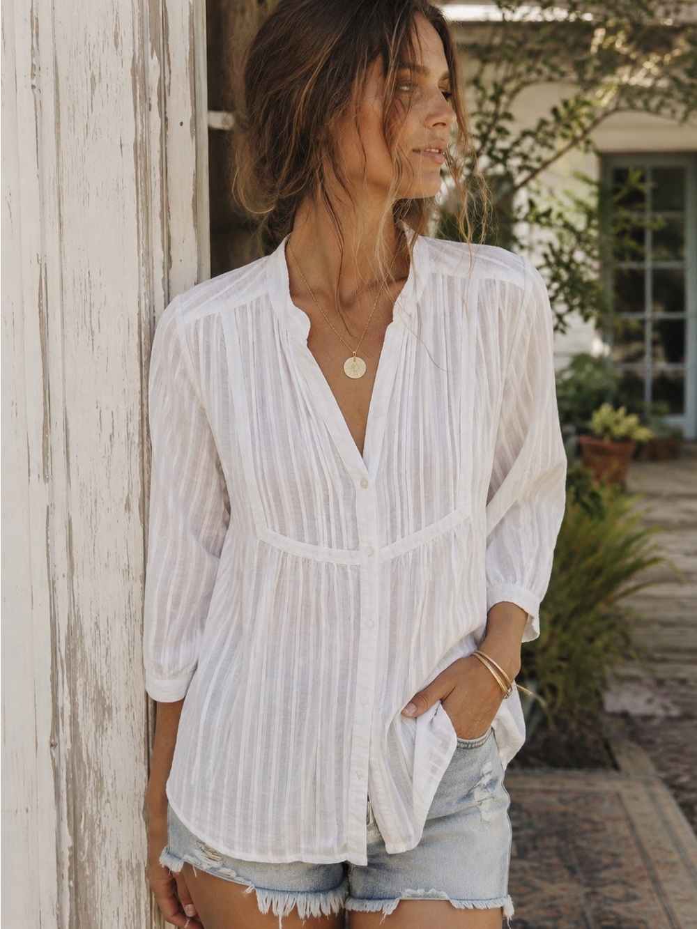 NWT Kim Rogers 100% Cotton White Textured Gauze Button Front Blouse Small